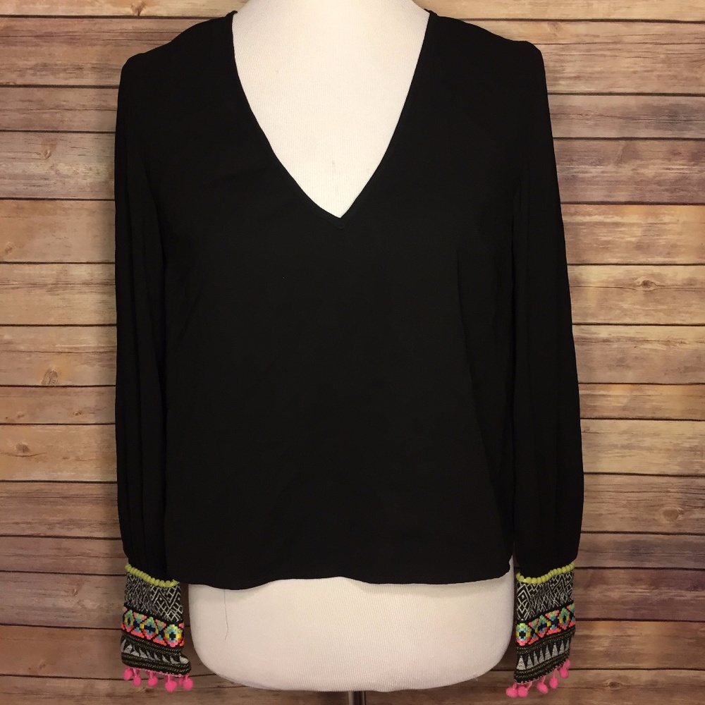 TOBI Black Aztec Festival Cuff Detail Style Blouse